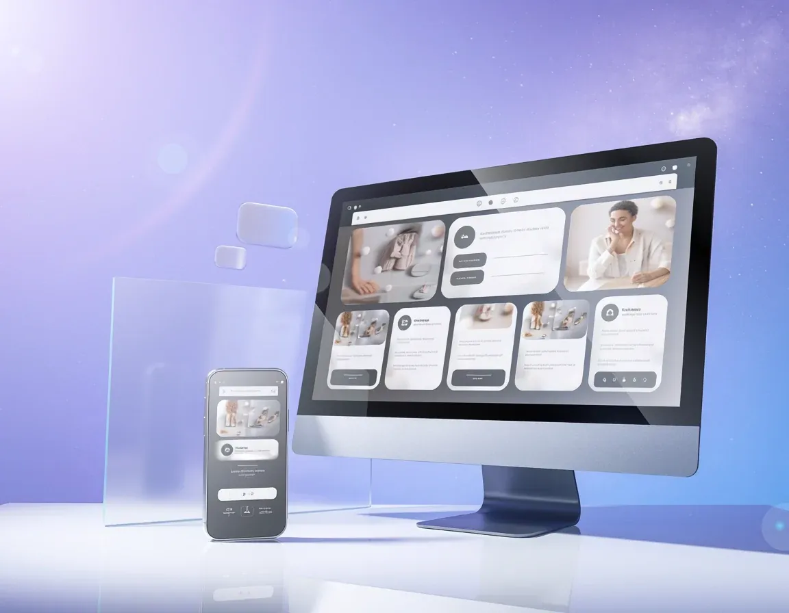 Website design shown on a desktop monitor and phone