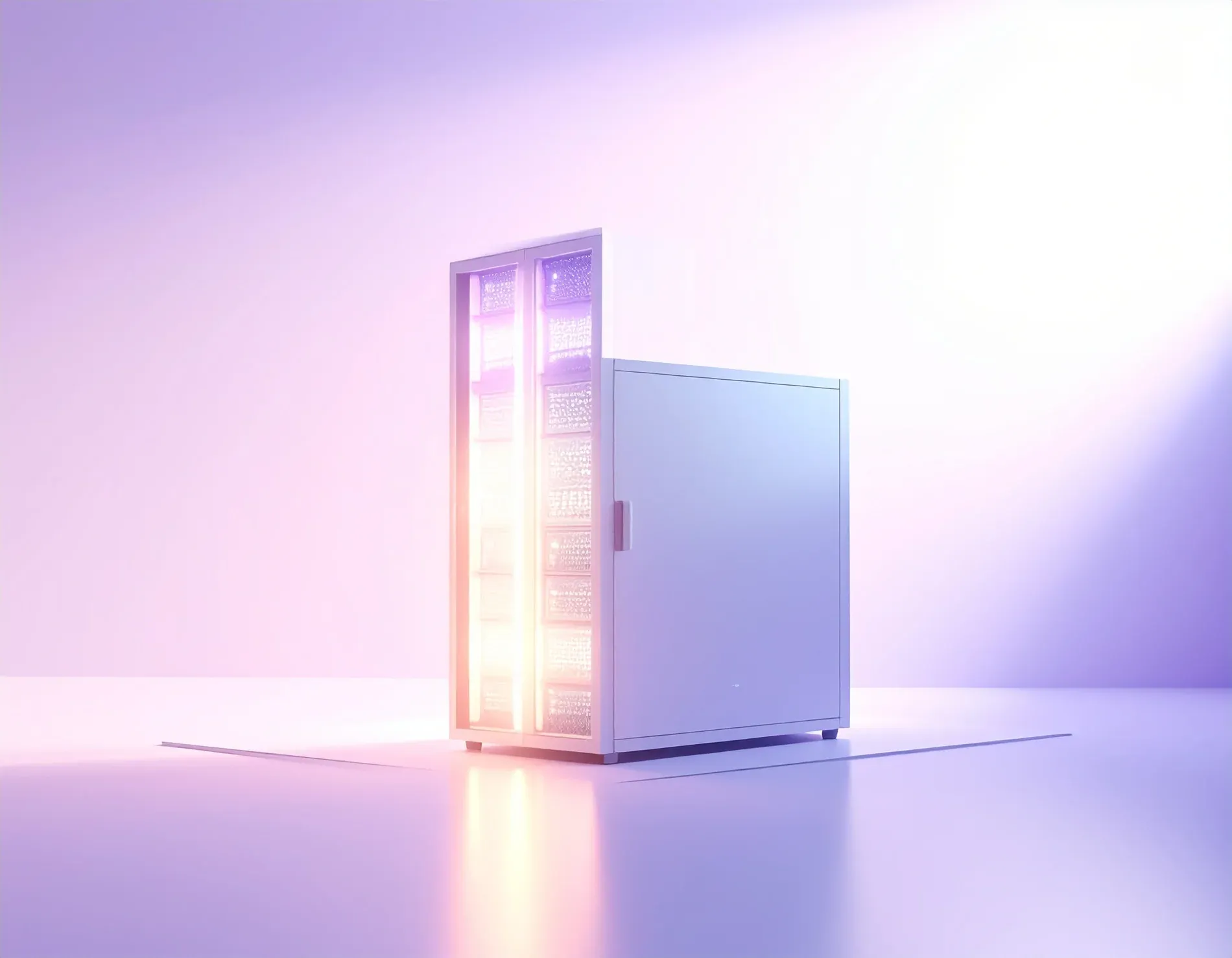 A glowing server cabinet on a soft lavender studio background